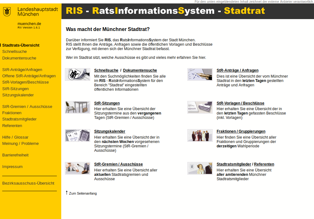 Die Startseite des offiziellen münchner Ratsinformationssystems